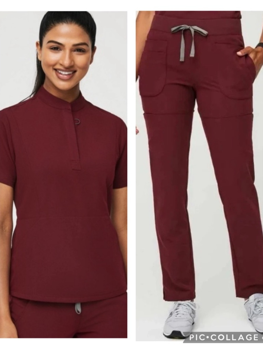 EUC FIGS RARE Women's LE Insiza Slim Top & Nepal Slim Straight Pant in Burgundy